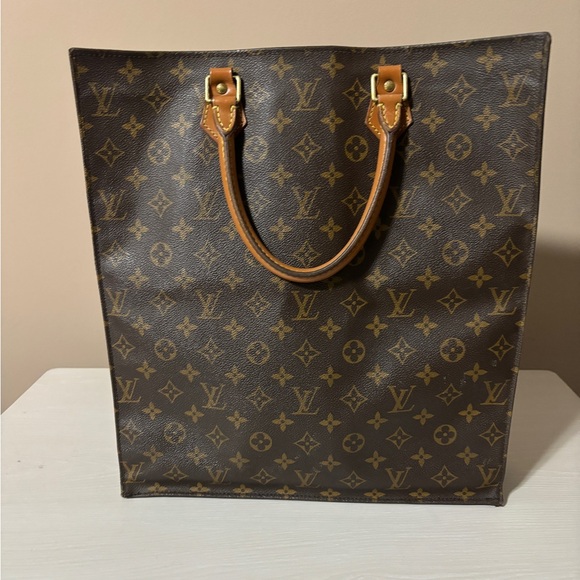 LOUIS VUITTON Logo Sac Plat Hand Tote Bag Monogram Leather Brown - Picture 1 of 9